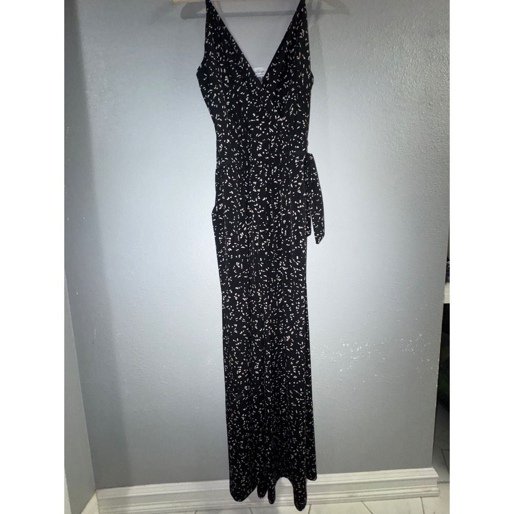 Kaileigh Black White Speckle Print Wide Leg Wrap Jumpsuit Petite Large LP
